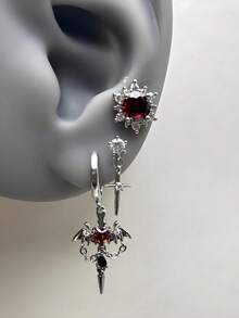 1对时尚银色锆石翅膀耳钉和心形十字架耳钉，奢华闪亮水晶几何耳夹首饰，女士礼物