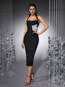 女士露背吊带无袖3D立体花卉串珠刺绣拼接绷带紧身连衣裙，优雅后开衩修身鸡尾酒礼服，奢华明星T台礼服，派对礼服，晚礼服，新年装 - 黑色 - 查看 9