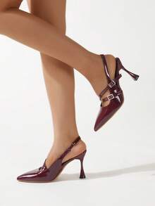 Women's Fashionable Wine Red Patent Leather High Heel Sandals With Double Buckle, Sexy Pointed Toe With Ankle Strap - Claret. - View 5