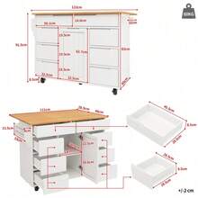 Meuble îlot de cuisine modulable blanc – Avec chariot roulant, plateau de travail et rangement pratique (tiroirs et étagère à épices) - Blanc + MDF-1 - Voir 6