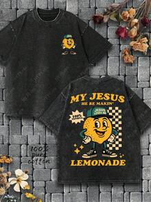 "JESUS LOVES ME""MY JESUS HE BE MAKIN' LEMONADE" , Personification Lemon Cartoon Graphic T-Shirt, Christian Belief In "Relying On Jesus For Beauty" T-Shirt For Wearing...... Retro Loose T-Shirt, Men's Casual Style T-Shirt, Machine Washable Old T-Shirt; Cool Pattern T-Shirt, Durable And Comfortable Fabric, Street Fashion T-Shirt, A Must-Have For Street Fashion Enthusiasts, Top-Level Sportswear, Suitable For Daily Commuting, Dating, Casual Matching, And Holiday Gift Giving. - 黑色 - 查看 7