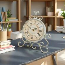 Vintage europeisk stil järnmålad skrivbordsklocka, dekorativ vägg-/bordsklocka för vardagsrum och sovrum, tyst, icke-tickande
