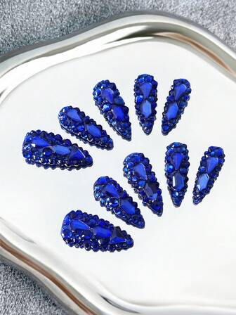 Unghie a stiletto in stile Y2K fatte a mano, unghie finte con punte trasparenti, strass blu e design 3D scintillanti a copertura totale - unghie finte a copertura completa fai-da-te con glitter, unghie finte per feste, all'aperto, spiaggia, uso quotidiano, vacanze, raduni, lavoro ed eventi speciali - 10 pezzi/confezione