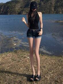 Verano Mujeres Paquete Retro Cadera Slim Hot Pantalones Sexy Rolled Stretch Cintura Baja Pantalones cortos de mezclilla pantalones de mezclilla mujer - Azul oscuro - Ver 4