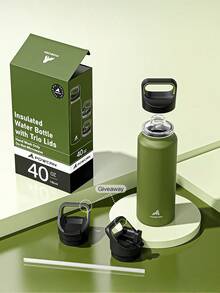 Powcan 40oz Insulated Water Bottle With 3 Lids, Leak-Proof, Suitable For Cycling, Fits In Car Cup Holders, Stainless Steel Material, Comes With Straw Lid And Spout Lid, Ideal For Sports, Fitness, School And Travel - Forest Green - View 9