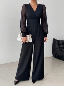 Bộ jumpsuit nữ màu đen ống rộng, tay dài, cổ chữ V sâu, tay áo lưới bóng, eo cao, trang phục dự tiệc thanh lịch mùa xuân. - màu đen - Xem 5