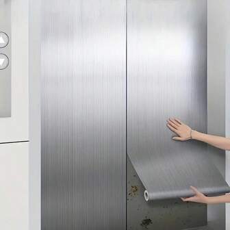 1 rollo de papel tapiz autoadhesivo de acero inoxidable metálico plateado - película decorativa autoadhesiva y removible, resistente al aceite y al agua, para refrigerador, lavavajillas, nicho de pared, puerta interior, puerta de ascensor, renovación de muebles, papel tapiz, decoración de habitación, adhesivo de pared