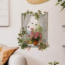 3D逼真花卉阳台窗户墙贴 - 带可开启百叶窗的仿真窗户，粉色玫瑰，绿色叶子贴纸，适用于卧室、客厅、阳台 - 可移除自粘墙贴（无需工具/专业知识） - 彩色 - 查看 10