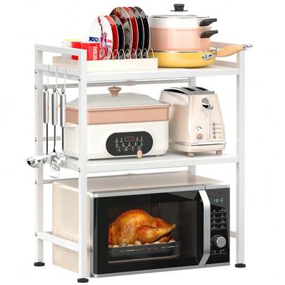 Expandable Microwave Rack, 3-Layer Metal Kitchen Countertop Organizer With 6 Hooks, Toaster Rack, Microwave Rack, And Microwave Rack, Weighing 110 Pounds, White