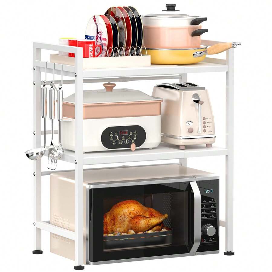 Expandable Microwave Rack, 3-Layer Metal Kitchen Countertop Organizer With 6 Hooks, Toaster Rack, Microwave Rack, And Microwave Rack, Weighing 110 Pounds, White - 白色 - 查看 1