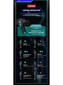 Lenovo Auriculares inalámbricos  LP6 TWS con Bluetooth V5.1, modo dual, para música, juegos, deportivos, con micrófono - Negro - Ver 6
