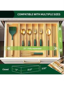 Bamboo Kitchen Drawer Organizer, 22 In Fully Expanded,180° Flip Lid Feature Silverware Organizer For Cutlery Utensil, Cutlery Tray, 8 Slots With Dividers, Waterproof, Non-Slip, For Farmhouse To Modern Kitchen - cây tre - Xem 2