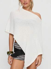 Womens Sheer Poncho Top Lightweight Knit Shrug Shawl Off The Shoulder Mesh Blouse Cover Up Tops - 白色 - 查看 2