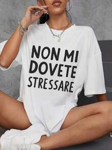 女士圆领宽松T恤，100%纯棉，“NON MI DOVETE STRESSARE”图案印花，春夏休闲日常穿着 - 白色 - 查看 8