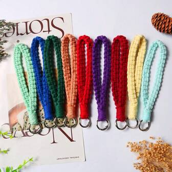 1pc Solid Color Boho Style Handmade Woven Iron Alloy Keychain Bracelet, Bohemian Woven Keychain Accessory