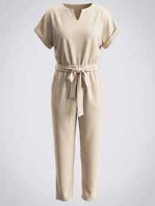 女士两件套休闲V领短袖上衣搭配松紧腰长裤，优雅商务休闲装，配腰带 - 米色 - 查看 7