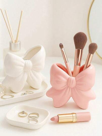 Resin Bow Makeup Brush Holder: Vanity Organizer For Bathroom & Dresser,Perfect For Storing Makeup Brushes, Lipsticks, Or Jewelry-Ideal For Bathroom Countertops, Vanity Desks, Or Bedroom Dressers. , , And Chic (Available In Pink/White), It Keeps Your Tools Organized And Adds A Playful Decor Touch.Tylish Storage That Blends Function With Charm
