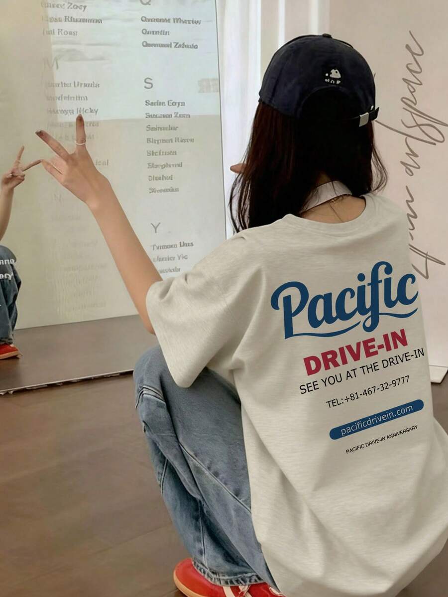 Japanese Style Women's Loose Crew Neck Casual Versatile Letter Print Short Sleeve T-Shirt, Spring/Summer - Light Gray - View 1