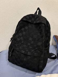 Fashionable Women's Backpack Patchwork Plaid Faux Fur Large Capacity Commuter Laptop Bag - Black - View 5