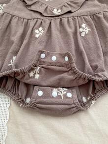 Baby Girl Floral Embroidery Ruffle Collar Petal Sleeve Romper, Spring/Autumn - Grey - View 6
