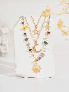 1 Set mit 3 Stücken modischer, vielseitiger Nische, frisches, süßes Design mit Sonne, Mond und Stern, bunter Kunststein Halsketten Set. Schicker Urlaubsstil, unregelmäßiger Stein Halskette mit Stern- und Mond-Anhängern, geeignet für Damen Alltag, Urlaub, Party, Feiertage (Steinfarbe und -form zufällig) - Gold - Übersicht 5