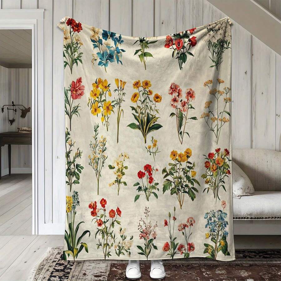 A Comfortable Bohemian Vintage Wildflower Blanket,Super Soft Flannel Printed  Blanket,As Birthday Gifts, Family, Wedding, Souvenir Blankets, Polyester Blankets Suitable For All Seasons, Washable, Machine Washable, Lightweight, Breathable, Comfortable, Warm, Unique, 280gsm For Him, Her Personalized Ideal Gifts For Her, Him, Family, Boyfriend, Girlfriend, Father, Family, Mother, Lover, Daughter, Son, Grandfather, Grandmother, Teacher,Doctor, Nurse,Friend, Classmate, Pet.Perfect Nap, Camping, Travel, Home, Daily Life, Office Decoration, Birthday, Anniversary, Valentine's Day, Thanksgiving, Graduation Season,Christmas, Halloween, Mother's Day, Father's Day, Wedding, New Year Gifts ,Sofa,Bed,Car,Bedroom,Living Room,Office,  Outdoor Camping, Beach,Wall Decoration - Nhiều màu 23 - Xem 1