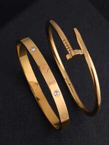 两件套不锈钢时尚手链，18K镀金女士饰品，适合日常佩戴，可作为送给女友、妻子、女儿、女性朋友的礼物。 - 金色 - 查看 16