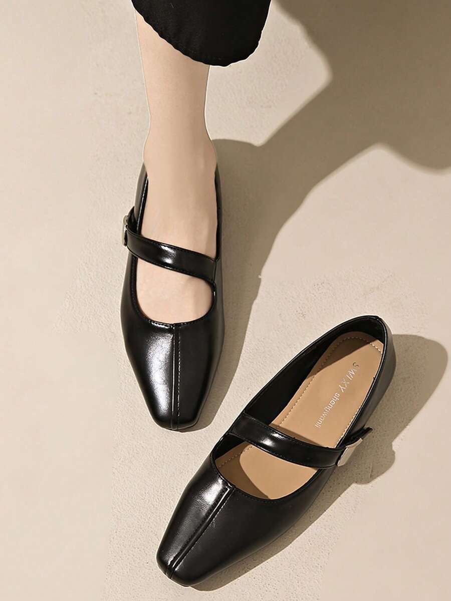 Women's Flat Comfortable Soft Bottom Versatile Square Toe Fashion Preppy School/Office Commute Slip-On Shoes, Spring/Autumn - Black - View 1