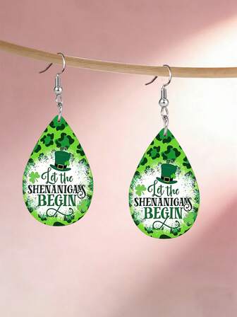 1 par de pendientes de San Patricio Que comiencen las travesuras Pendientes con diseño de sombrero de trébol verde Pendientes de gota ligeros con estampado de doble cara Pendientes festivos Joyería de fiesta Regalo