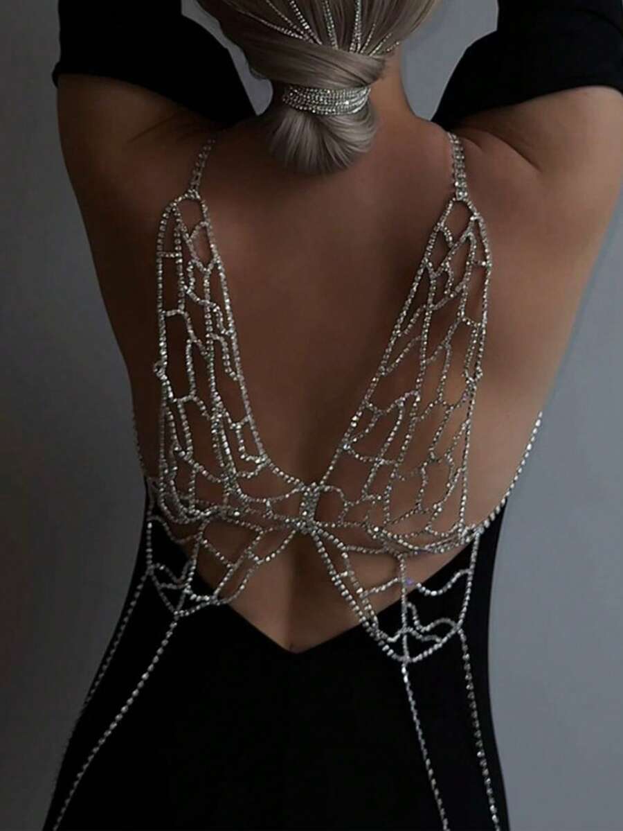 1 pieza Cadena de espalda con mariposa de cristal de moda, cadena de hombro nupcial sexy, collar de fiesta, cadena corporal femenina para mujeres - Plateado - Ver 1
