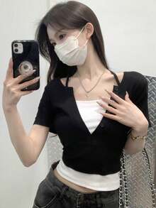 Korean Style Sleeveless Contrast Color T-Shirt For Women, Stylish Design, Spring/Summer Casual Black - Black - View 4