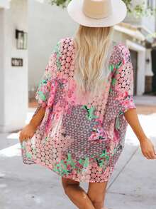 Acelitt 女士波西米亚风波点印花蝙蝠袖宽松休闲和服外套，适合夏季旅行、海滩度假