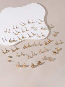 30 Pairs Assorted Metal Faux Pearl, Rhinestone, Bow, Flower, Square, Heart, Geometric Stud Earrings Set, Suitable For Everyday Casual And Work Wear - Yellow Gold - View 2