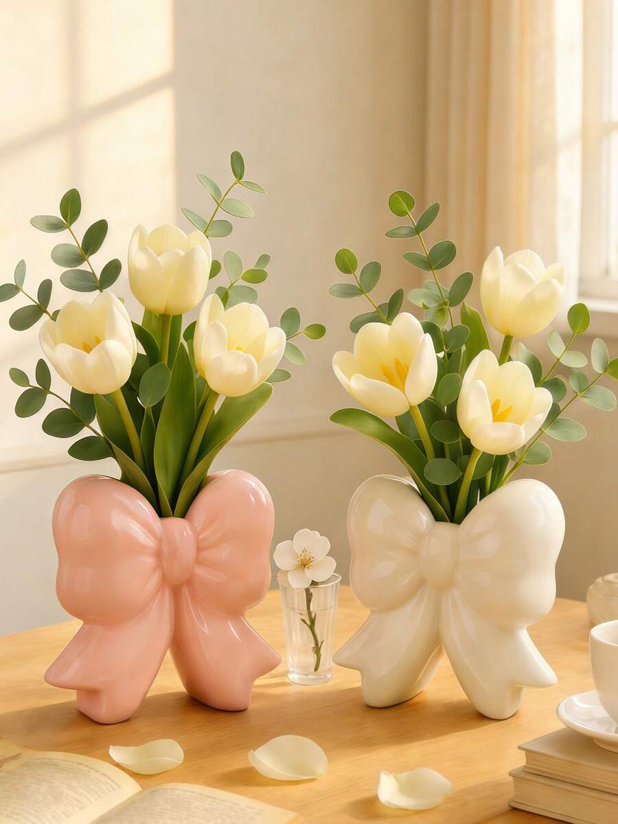 1个可爱蝴蝶结花瓶，北欧风格家居装饰，亮白色花瓶，适合摆放在客厅茶几、卧室书桌、窗台上，是送给女性的完美礼物，也是打造美丽房间的必备单品，波西米亚风格装饰花瓶，可插鲜花/干花，时尚的乔迁礼物 - 彩色 - 查看 1
