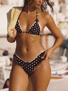 Women .Y Triangle Bikini Set Cute Polka Dots Printed 2 Piece Swimsuit Y2k Ruffle Trim Bathing Suit Coquette Swimwear - 黑色 - 查看 2