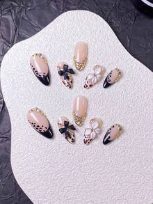 10pcs Handmade Almond Gold Line Mirrored 3D Floral Minimalist Detachable Nail Tips, Fashionable & Elegant Nails Nail Supplies Handmade Press On Nails - Multicolor - View 6