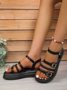 Giày sandal đế dày cho nữ, giày dự tiệc mùa hè đa năng, sandal La Mã hở mũi đế dày đính ngọc trai kiểu cổ tích. - màu đen - Xem 3