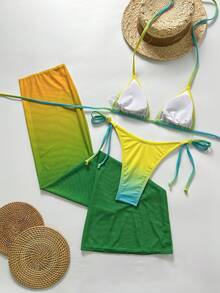 性感时尚黄绿渐变色挂脖比基尼三件套 - 三角上衣 + 系带泳裤 + 修身中长裙 | 海滩度假必备泳装 - 綠色 - 查看 5