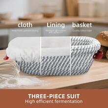 3件套棉绳面包发酵篮（圆形/椭圆形） - 10.83英寸圆形和11.81英寸椭圆形面包发酵篮，带内衬和盖子 - 现代手工酸面包烘焙用品，透气设计，适合面团发酵，适用于家庭和专业厨房，是送给烘焙师、妻子和母亲的理想礼物。 - - - 查看 2