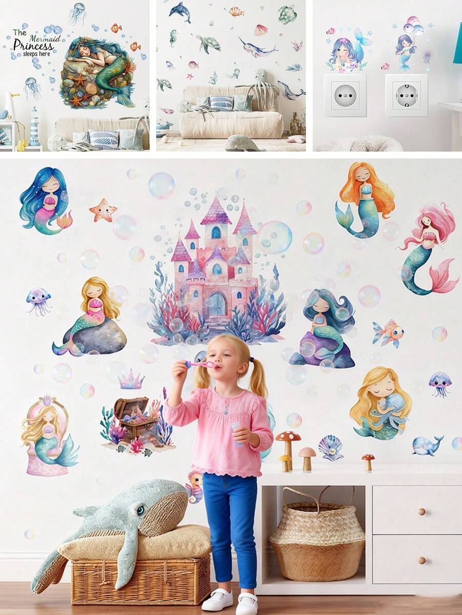 BRUP 1/2/6张海底美人鱼墙贴，适用于儿童房、婴儿房、女宝宝房间装饰，可移除卡通公主城堡贴纸，海洋主题婴儿房墙贴 - 彩色 - 查看 1