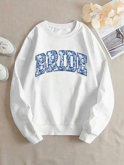2026 New Year Cotton Sweatshirt Women's Black Casual Hoodie - Blue Glitter "BRIDE" Letter Print Round Neck Long Sleeve Pullover, Suitable For Bridal Shower And Wedding, Machine Washable, Fashionable Clothing, Comfortable Fabric, Wedding Guest Outfit, Bachelorette Party Wear, Durable Sweatshirt, Bridesmaid Outfit Loose And Comfortable New Year Outfit Women- Spring Clothes Women