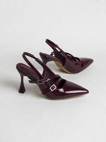 Women's Fashionable Wine Red Patent Leather High Heel Sandals With Double Buckle, Sexy Pointed Toe With Ankle Strap - Claret. - View 7