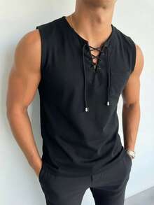 GRDR 男士夏季亚麻V领休闲背心 - 黑色 - 查看 2