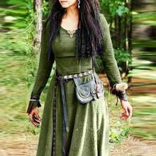 Retro Medieval Long Sleeve Slim Fit Dress Renaissance Cosplay Performance Gown Women Knee Length Round Neck Bell Sleeve - 酒紅色 - 查看 9