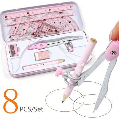 8 pezzi Set di strumenti geometrici, comprende righello, compasso, matita, articoli di cancelleria per geometria, matematica, disegno, forniture per matematica, regalo per ragazzi e ragazze, set di cancelleria per ufficio