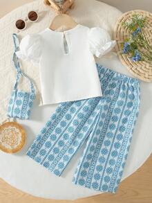 Spring/Summer Baby Girls Cute Retro Printed Round Neck Puff Sleeve Top & Floral Casual Pants & Crossbody Bag 3-Piece Set - Blue and White - View 2