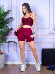 Fitness Shorts, Skirt, And Tank Top Set In Various Colors - Maroon - View 3