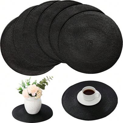 4/6pcs Black Handwoven PP Placemats, Round Woven Placemats, Heat Insulation Pads, Decorative Mats, Best Selling, Multiple Colors Available, Table Mats, Wrinkle-Resistant Placemats, Suitable For Birthday, Christmas, Housewarming, Celebration, Holiday Party, Family Gathering And More Occasions.