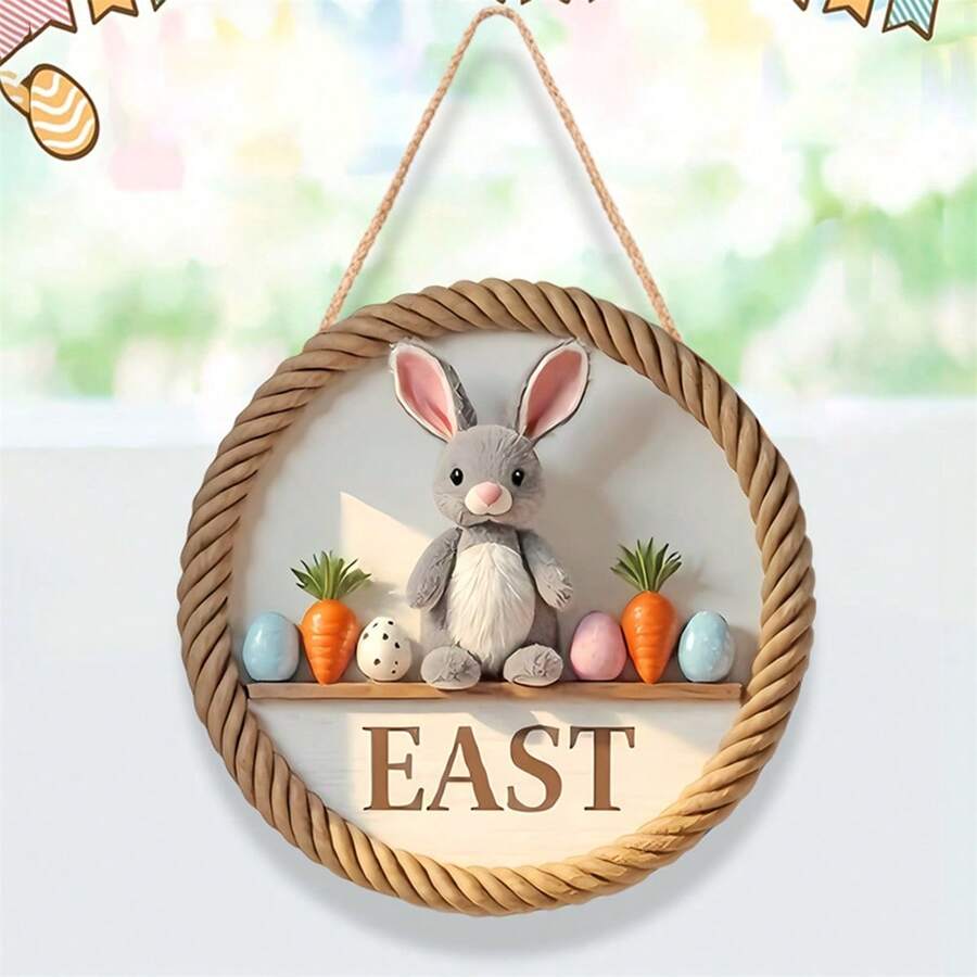 Easter Wooden Door Sign 2D Flat Round Plaque Cute Bunny Rabbit Welcome Signs Hanging Decoration For Wall Home Holiday Party Decor - A - View 1