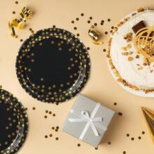 10/20/50pcs Black & Gold Paper Plates, 7-Inch Gold Foil Polka Dot Dessert Plates, 9-Inch Dinner Plates, Disposable Dessert Plates, Paper Plates For Birthday, Graduation, Wedding, Holiday, Valentine's Day Parties - Gold Dot Black - View 3